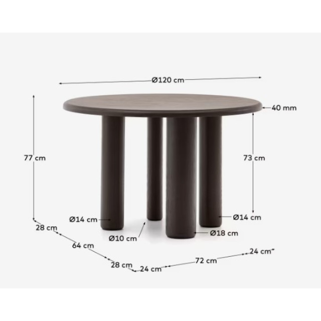 Круглий стіл Mailen T0300022MM51 з шпону ясена з темним покриттям, Ø 120 см