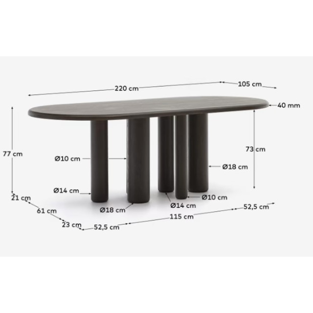 Овальний стіл Mailen T0100053MM51 з шпону ясена з темним покриттям, Ø 220 x 105 см
